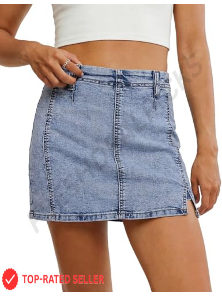 High Waisted Side Slit Jean Skort With Shorts Stretchy Denim